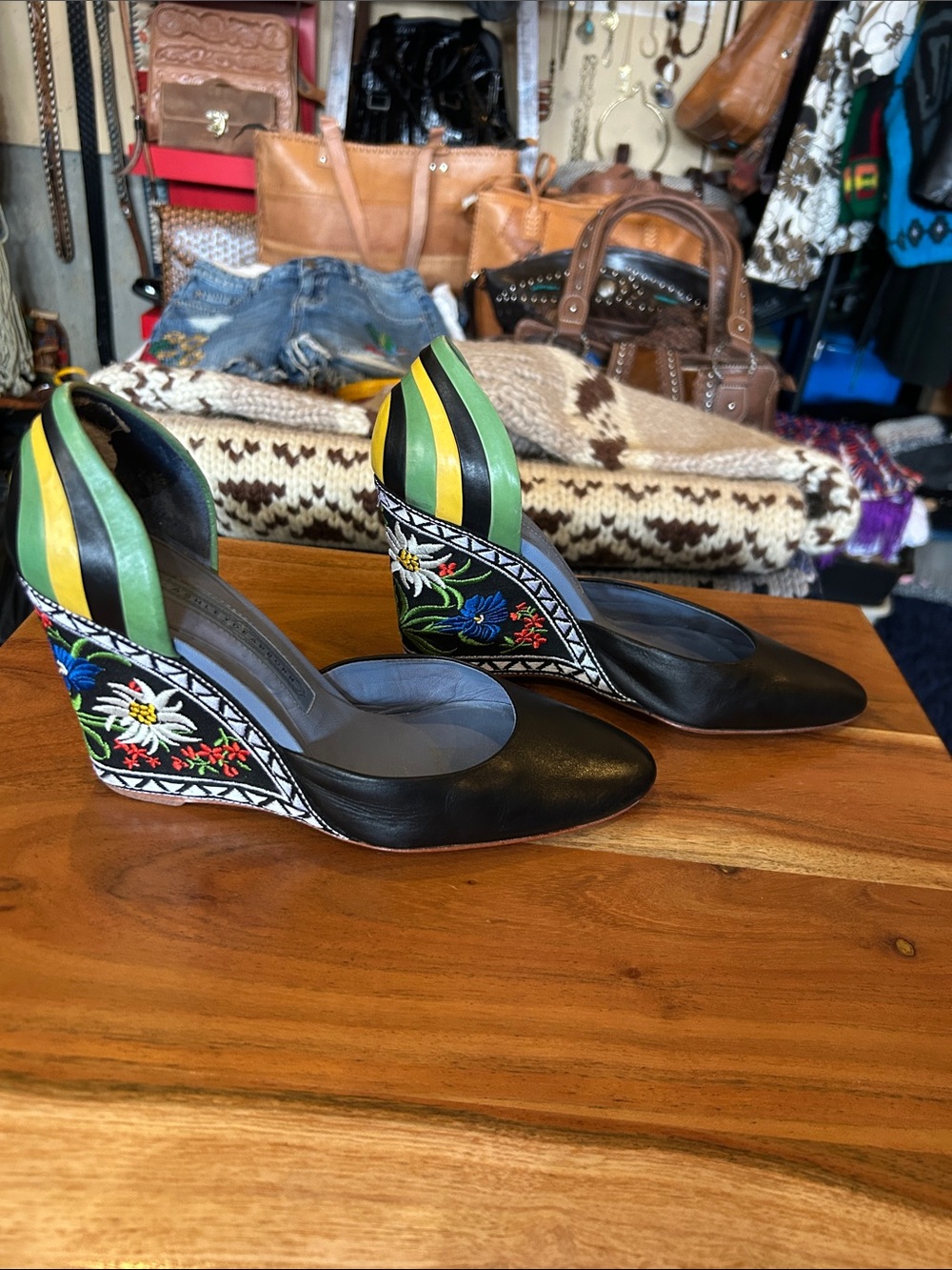 Women’s Black Leather Wedge Pumps with Green & Yellow Accent